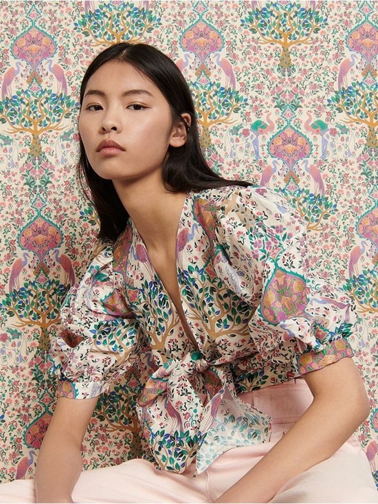 Sandro Tops - Sandro Iram Cropped Printed Linen and Silk Shantung Tie Top Sz:1/Small